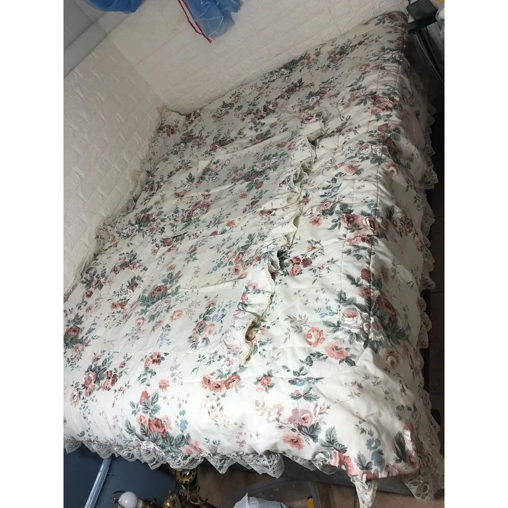 Vtg Springs Industries Floral Full Comforter 2 Shams Shabby Cottagecore Lace USA